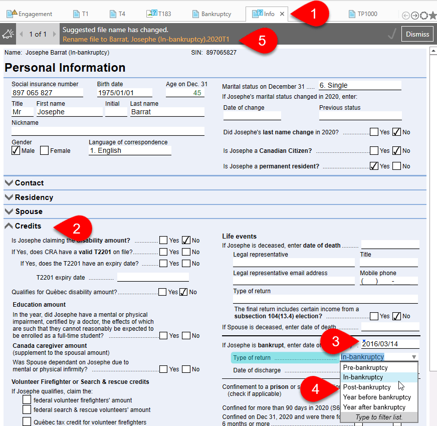 Specifying the date of bankrupty return