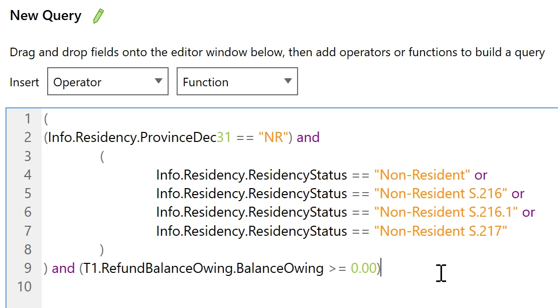 Screen Capture: Code editing for a new query