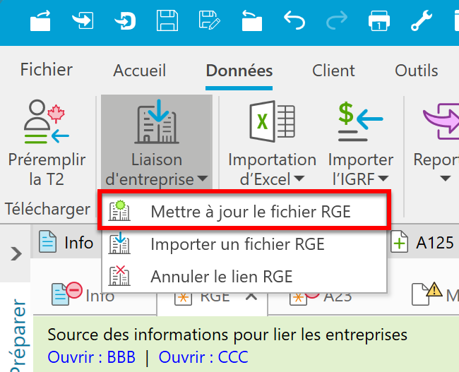 Capture d'écran : Mettre à jour le fichier RGE