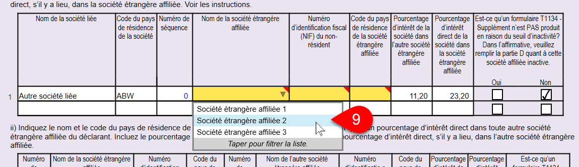 Capture d’écran : Choisir une société étrangère affiliée