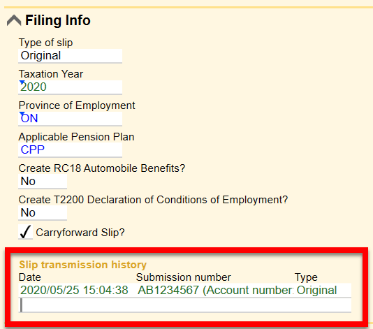 Screen Capture: Slip Transmission History