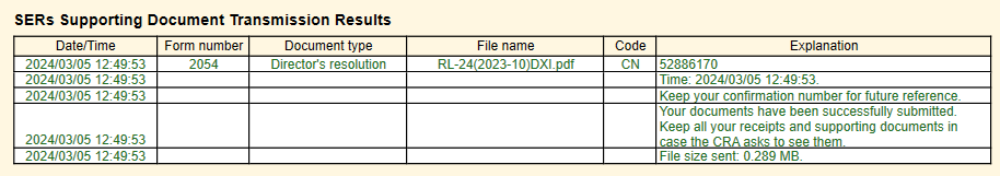 Screen Capture: SERs Supporting Document Transmission Results