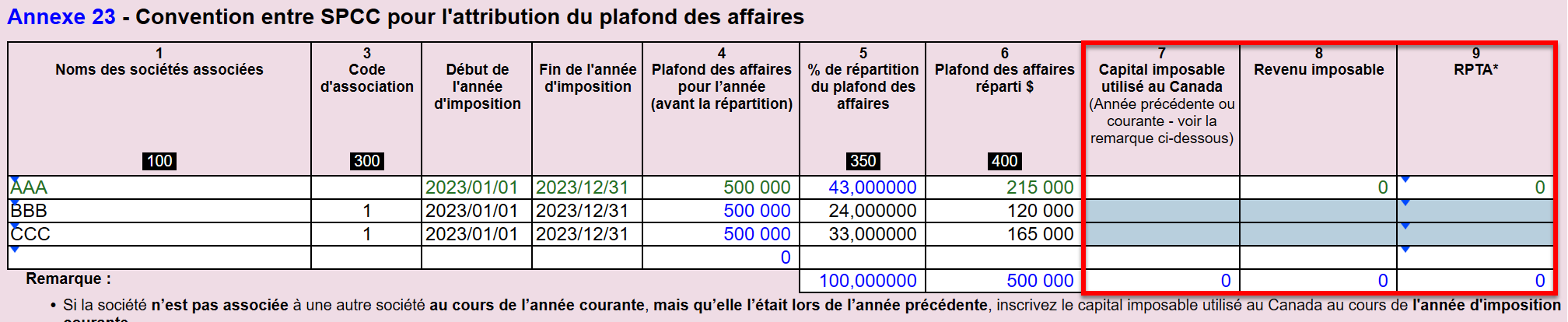 Capture d’écran : Données de l'annexe 23