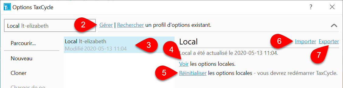 Capture d’écran : Options locales