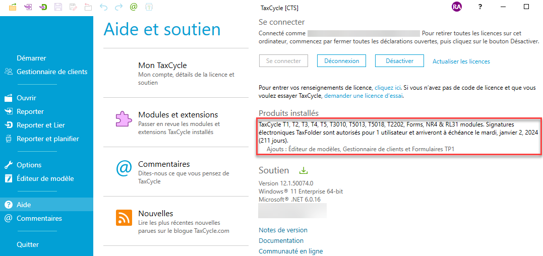 Capture d'écran : Produits installés et détails de la licence TaxCycle