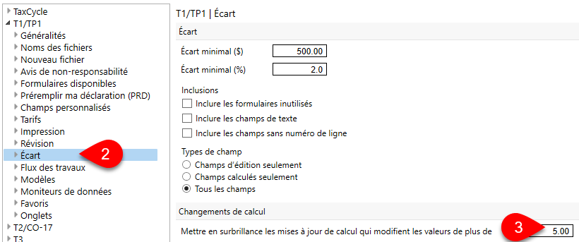 Capture d’écran : Options d'écart des modules