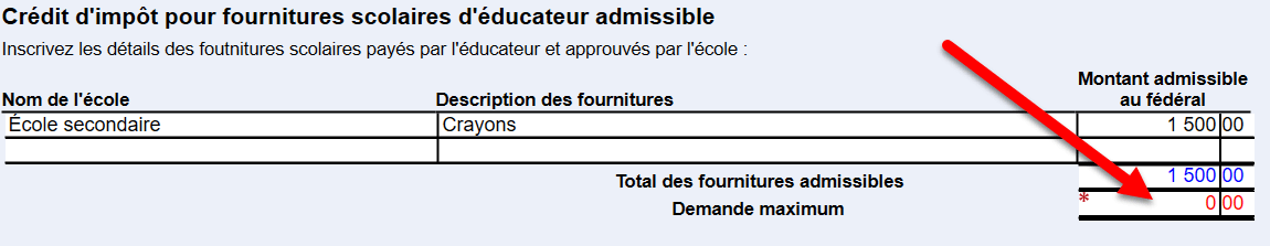 Capture d’écran : Substitutions du crédit d’impôt pour fournitures scolaires