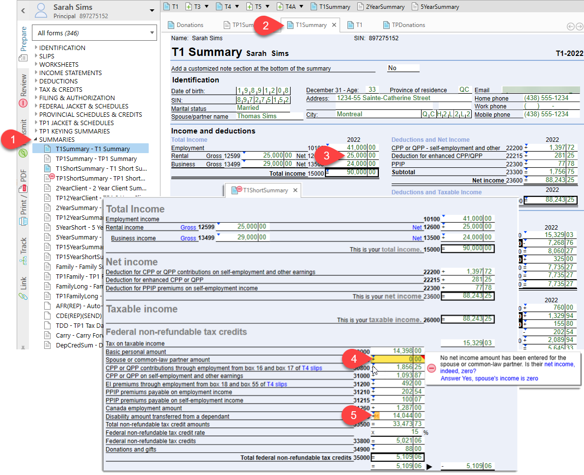 Screen Capture: T1 Summary in TaxCycle