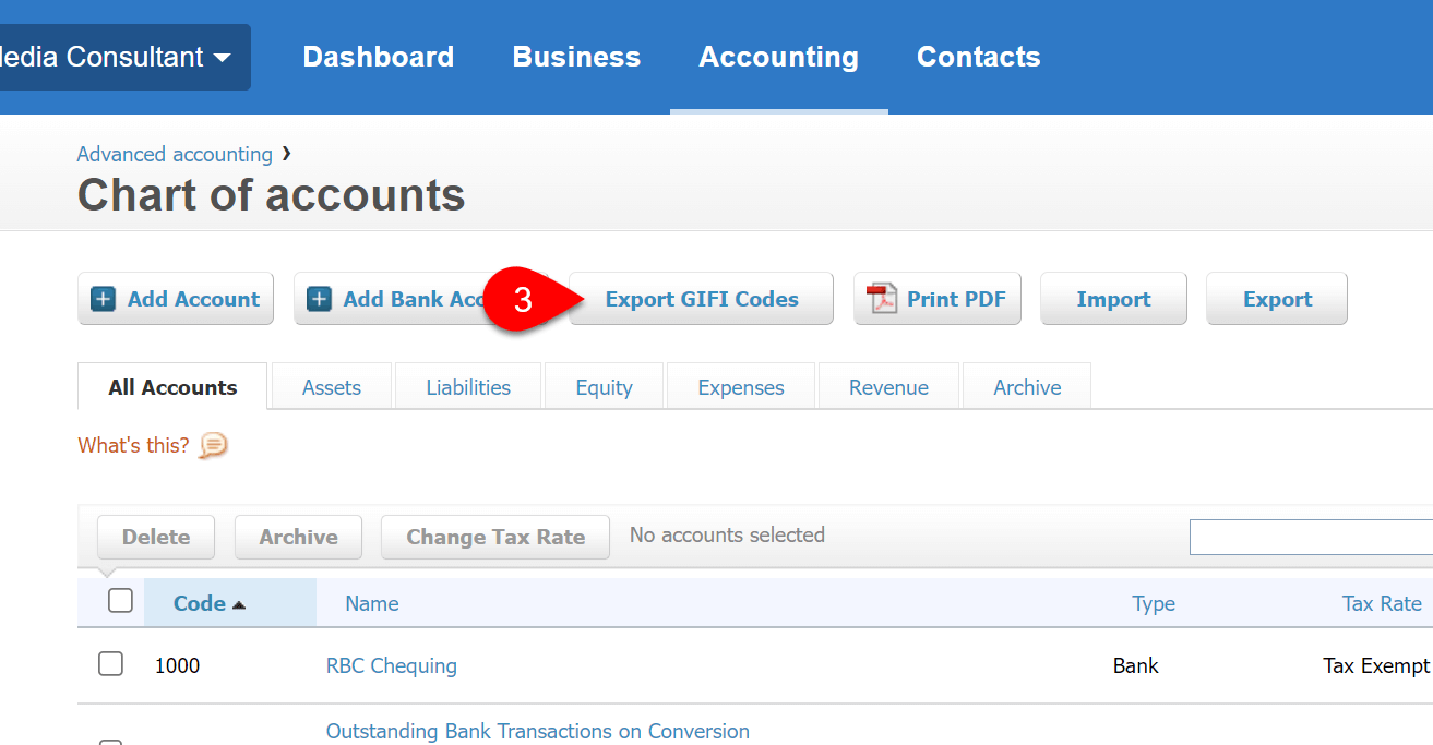 Screen Capture: Export GIFI Codes Button in Xero