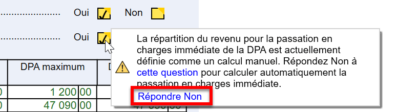 Capture d'écran : message de révision de la passation en charges immédiate