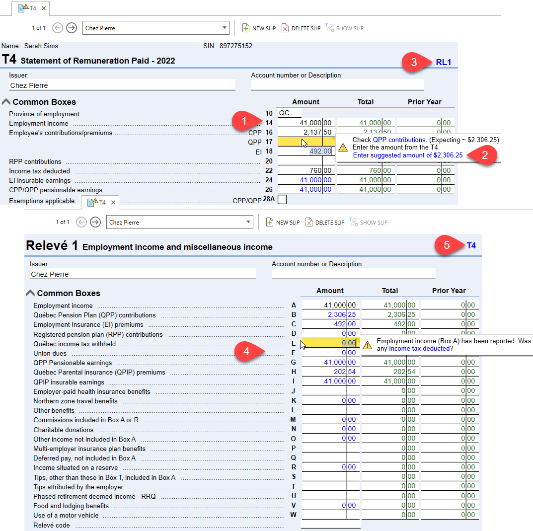 Screen Capture: T4 and RL-1 slips in TaxCycle T1