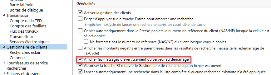 Capture d'écran : Nouvelle case à cocher dans les options du Gestionnaire de clients