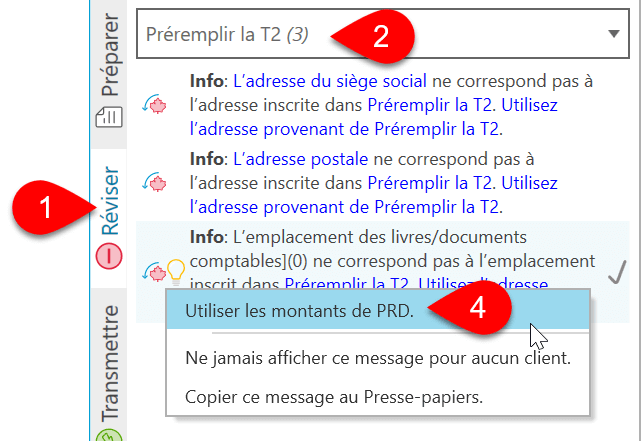 Capture d'écran : Affichage Préremplir ma déclaration T2 dans la barre latérale Réviser