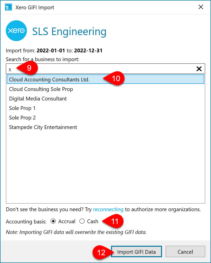 Screen Capture: Xero GIFI Import Dialog