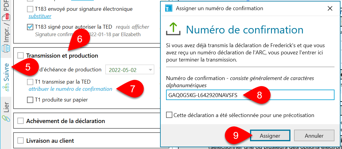 Capture d’écran : Attribuer le numéro de confirmation