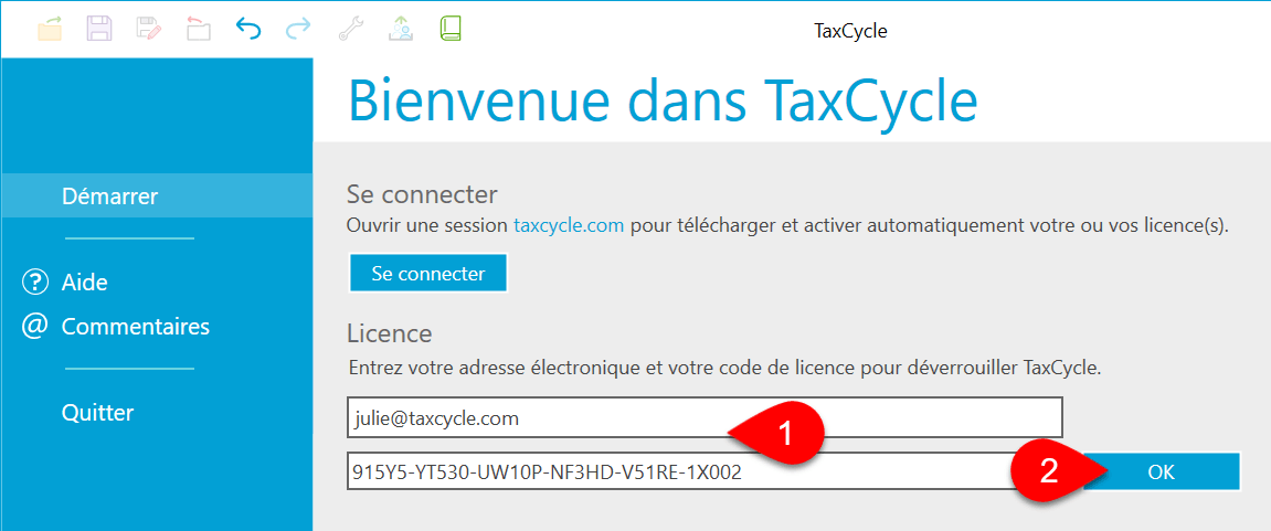 Capture d’écran : entrez un code licence