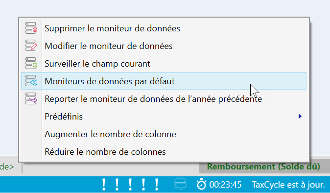 Capture d’écran : moniteurs de données par défaut