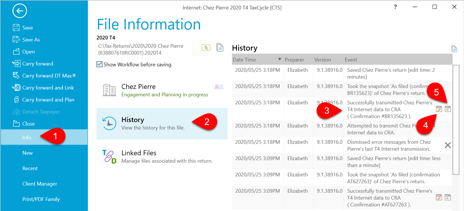 Screen Capture: File History of Slips Transmissions