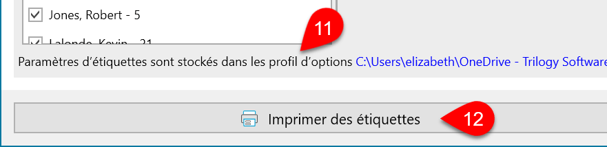 Capture d’écran :Bouton d’impression des étiquettes
