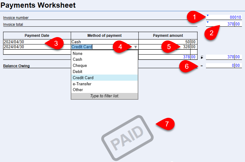 Screen Capture: Payments Worksheet