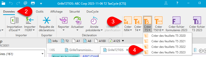 Capture d'écran : Créer un fichier T5 à partir du menu Données