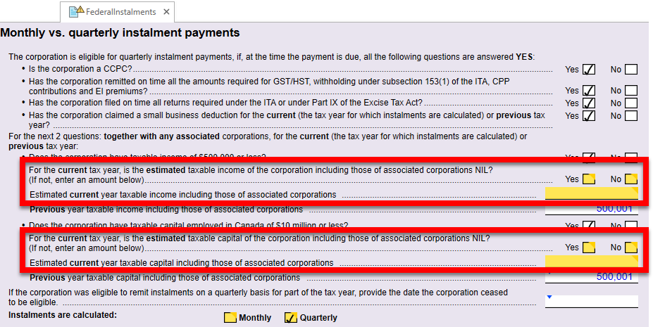 Screen Capture: New questions on the Federal Instalments worksheet