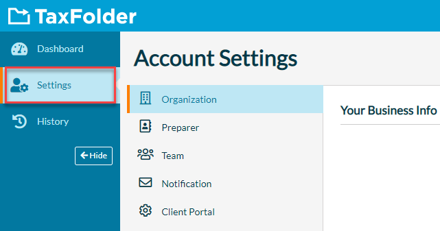 Screen Capture: TaxFolder Account Settings