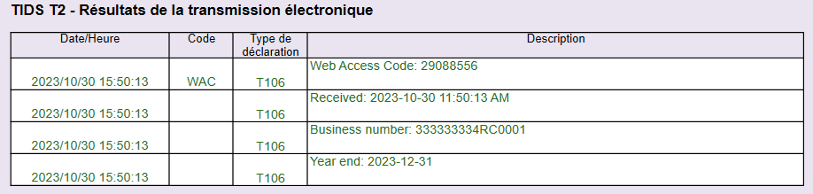 Capture d'écran : Tableau des résultats de transmission sur la GrilleT2TIDS