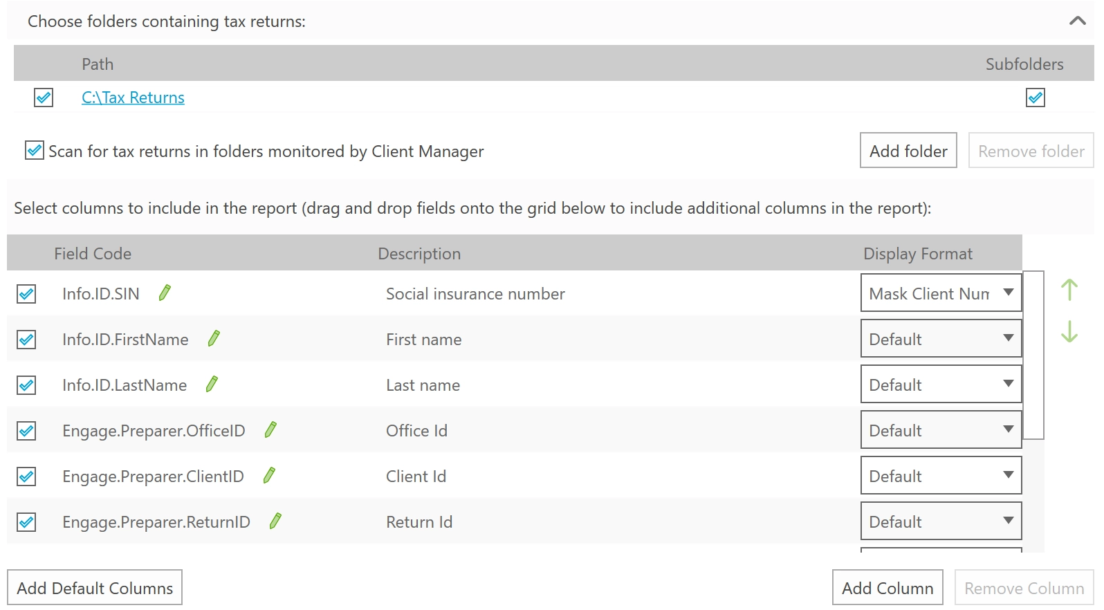 Screen Capture: Select columns to include in the report