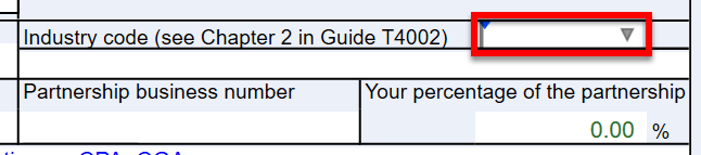 Screen Capture: Industry Code Field on T2125