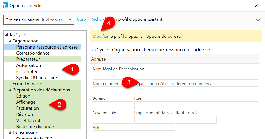 Capture d’écran : Modifier les pages dans un profil d'options