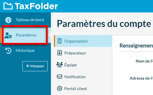 Capture d’écran : Paramètres du compte TaxFolder