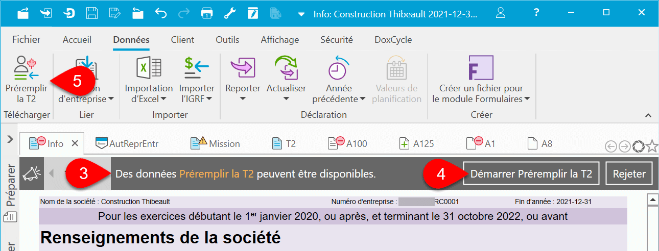 Capture d'écran : Données de Préremplir la T2 peuvent être disponibles