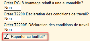 Désactivez la case à cocher Reporter le feuillet pour éviter de reporter le feuillet l'année prochaine